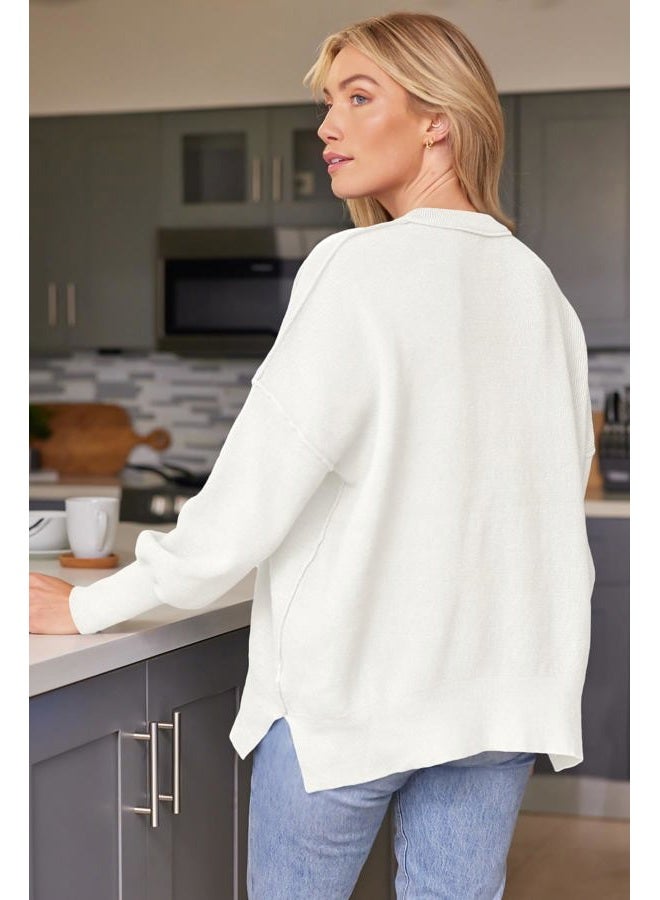 LILLUSORY Women's Oversized Batwing Sweaters 2024 Fall Outfits Crewneck Ribbed Knit Side Slit Trendy Pullover Tops White XS - Image 2