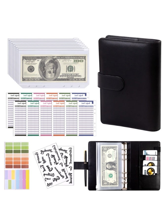 NOVOLAN A6 Loose-leaf Budget Binder, PU Leather Notebook with Cash Storage for Family Budgeting, Budget Planner Including 2 Sheets Stickers, 12 Cash Budget Sheets, 8 Zipper Bags, Labels (black) - Image 1
