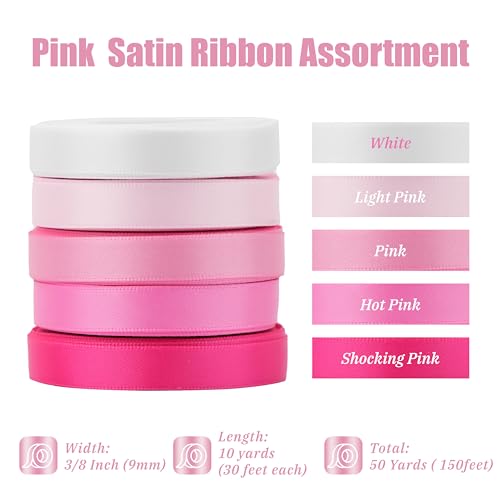 MAYREEL 3/8 Inch Pink Satin Ribbon Baby Pink Ribbon for Gift Wrapping Valentine's Day Crafts Wedding Bridal Shower Decorations 5 Rolls Assortment 10 Yards Each Color Total 50 Yards - Image 2