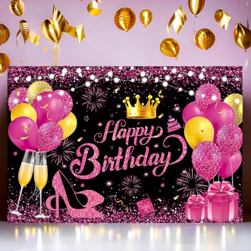 YinQin 180x120 cm Glitter Black Hot Pink Golden Happy Birthday Party Photo Backgrounds Backdrops Cloth 71x47 inch Rose Pink Gold Happy Birthday Sign Banner Decorations Supplies for Women Girl - Image 2