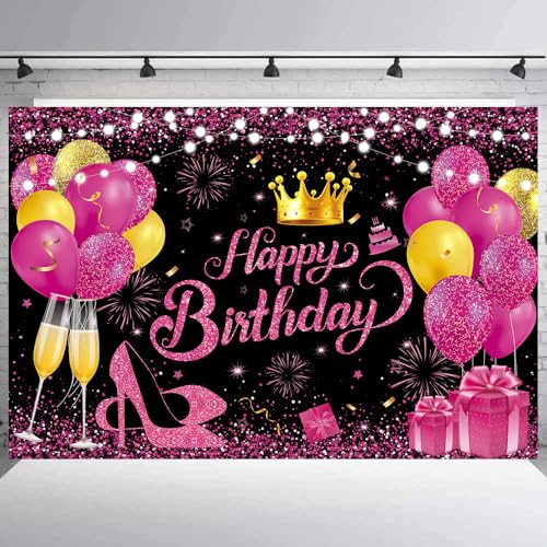 YinQin 180x120 cm Glitter Black Hot Pink Golden Happy Birthday Party Photo Backgrounds Backdrops Cloth 71x47 inch Rose Pink Gold Happy Birthday Sign Banner Decorations Supplies for Women Girl - Image 4