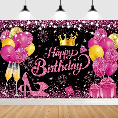 YinQin 180x120 cm Glitter Black Hot Pink Golden Happy Birthday Party Photo Backgrounds Backdrops Cloth 71x47 inch Rose Pink Gold Happy Birthday Sign Banner Decorations Supplies for Women Girl - Image 5