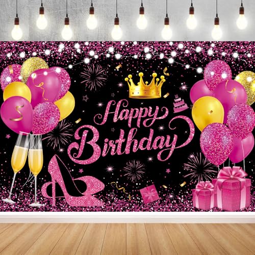 YinQin 180x120 cm Glitter Black Hot Pink Golden Happy Birthday Party Photo Backgrounds Backdrops Cloth 71x47 inch Rose Pink Gold Happy Birthday Sign Banner Decorations Supplies for Women Girl - Image 1