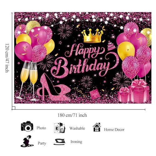 YinQin 180x120 cm Glitter Black Hot Pink Golden Happy Birthday Party Photo Backgrounds Backdrops Cloth 71x47 inch Rose Pink Gold Happy Birthday Sign Banner Decorations Supplies for Women Girl - Image 3
