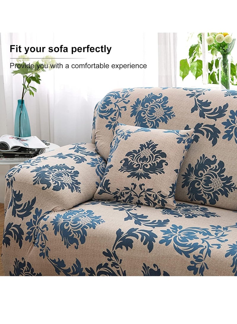 RollsTimi  3-Seater Exquisitely Floarl Designed Wrinkle-free Anti-slip 360-degree Full Coverage Sofa Slipcover Beige/Blue Length Stretch From 190 To 230cm - Image 1