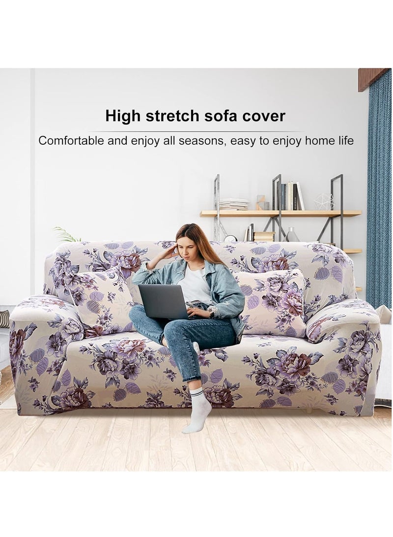 RollsTimi  3-Seater Exquisitely Floarl Designed Wrinkle-free Anti-slip 360-degree Full Coverage Sofa Slipcover Beige/Blue Length Stretch From 190 To 230cm - Image 2