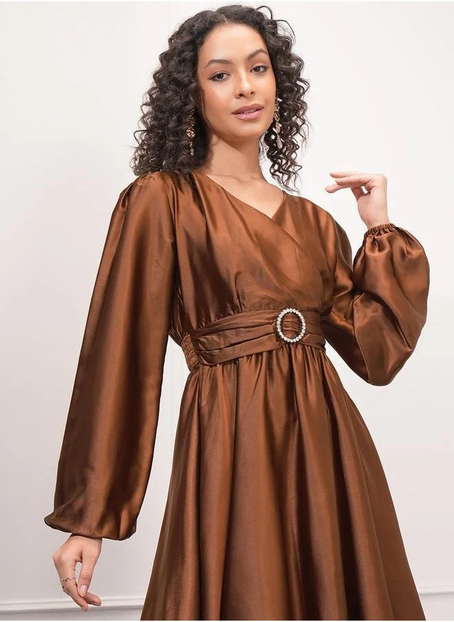 طوكيو توكيز Satin Puff Sleeve Knee Length Dress with Smocked Detail by Styli