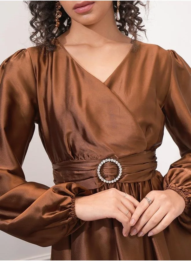 Tokyo Talkies Tokyo Talkies Satin Puff Sleeve Knee Length Dress with Smocked Detail