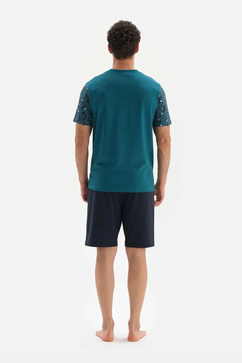 داجي Petrol Green Bi-collar Patterned Garnished Shorts Pajama Set