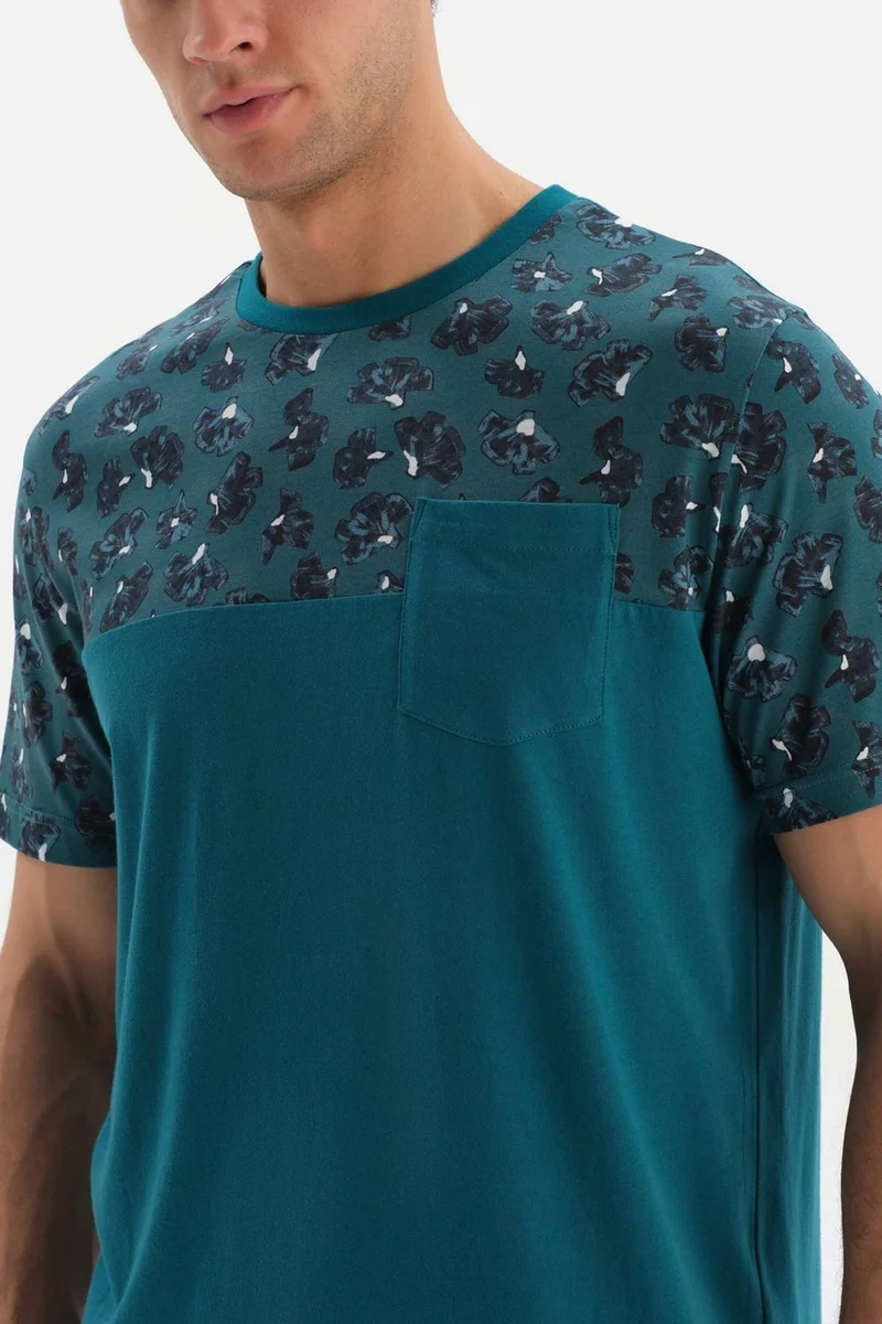 داجي Petrol Green Bi-collar Patterned Garnished Shorts Pajama Set