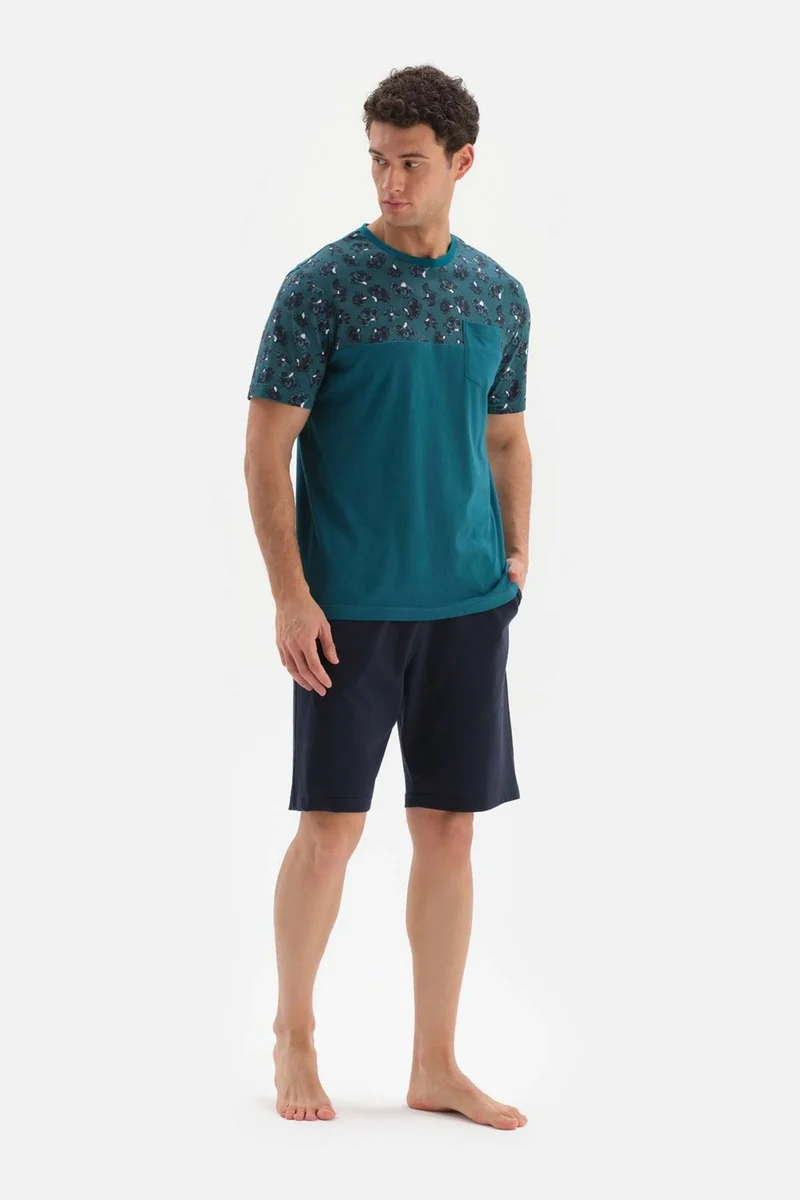 داجي Petrol Green Bi-collar Patterned Garnished Shorts Pajama Set