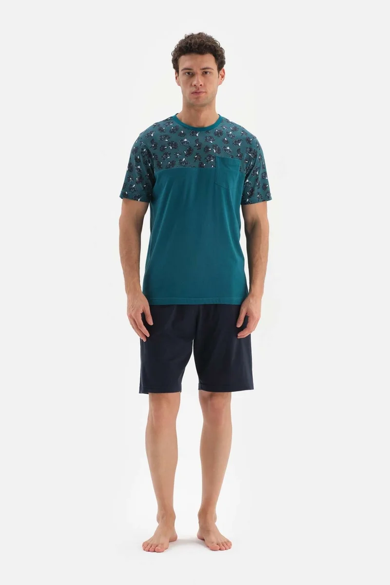 داجي Petrol Green Bi-collar Patterned Garnished Shorts Pajama Set