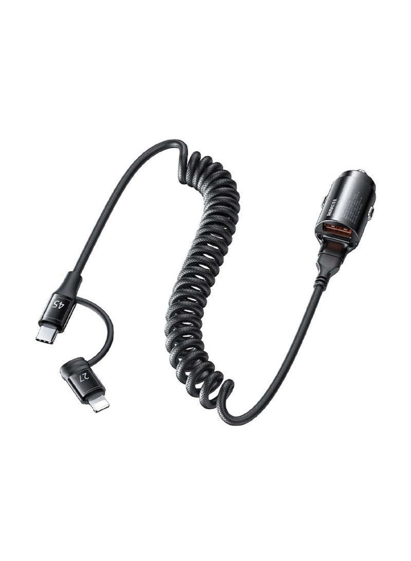 ريماكس شاحن سيارة سريع RCC356، شاحن سيارة سريع من سلسلة Ruichy بقوة 45 وات مع مخرج مزدوج (1 × USB-A + 1 × كابل USB-C/Lightning Coiled)، تصميم صغير من سبائك الزنك، حماية ذكية، توافق عالمي مع iPhone وSamsung والأجهزة الأخرى - أسود - Image 1