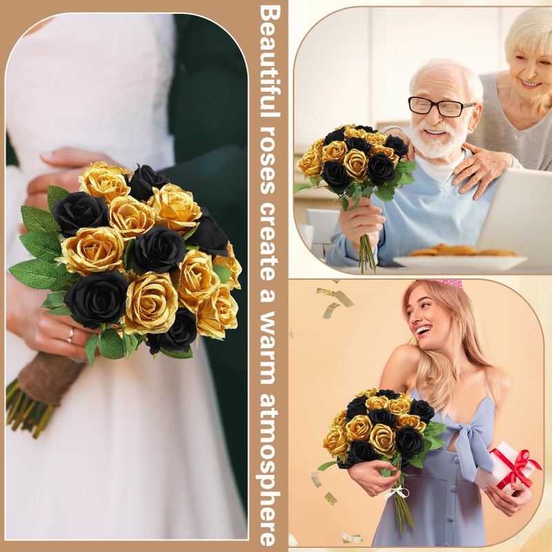 Ovveroche 72 Pcs Artificial Roses Gold, Black Fake Silk Roses Realistic Roses Faux Flower Indoor Wedding Home Decor, Birthday Decorations - Image 5