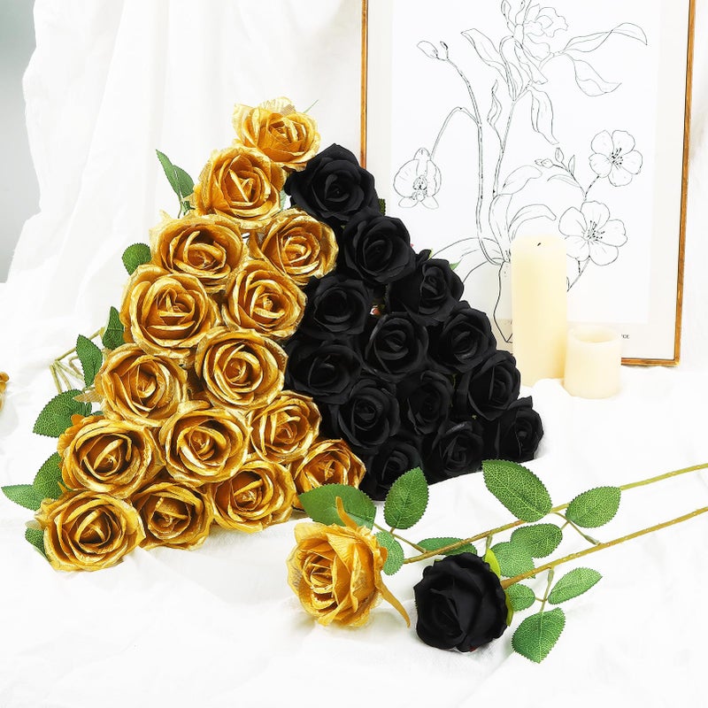 Ovveroche 72 Pcs Artificial Roses Gold, Black Fake Silk Roses Realistic Roses Faux Flower Indoor Wedding Home Decor, Birthday Decorations - Image 2