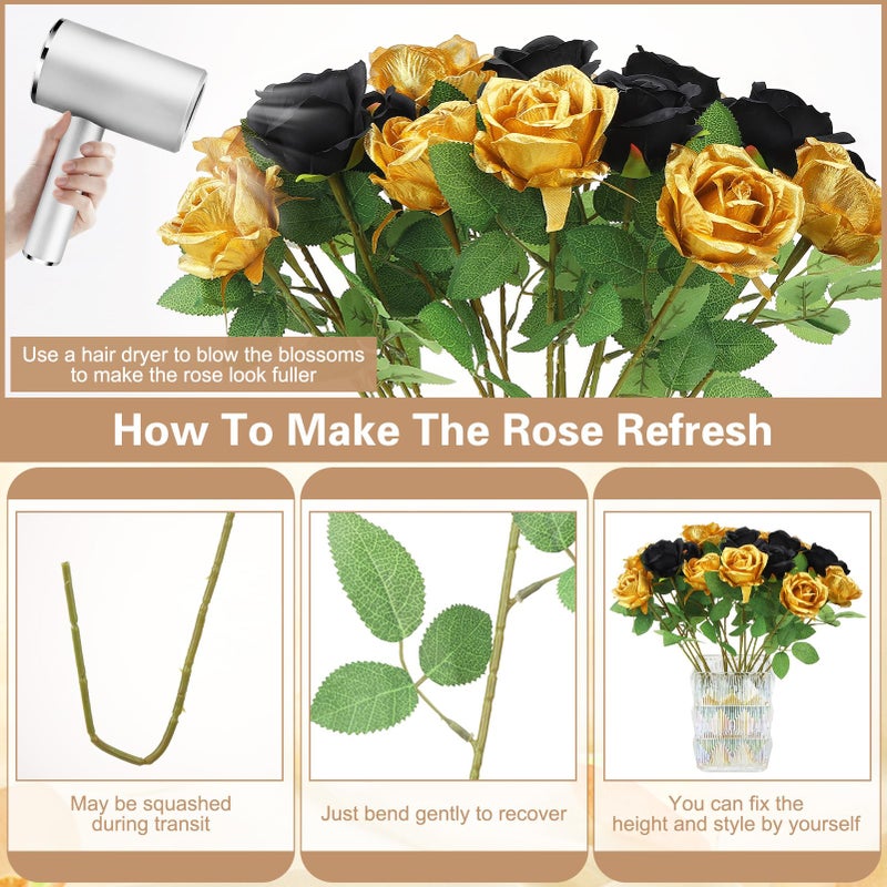 Ovveroche 72 Pcs Artificial Roses Gold, Black Fake Silk Roses Realistic Roses Faux Flower Indoor Wedding Home Decor, Birthday Decorations - Image 4
