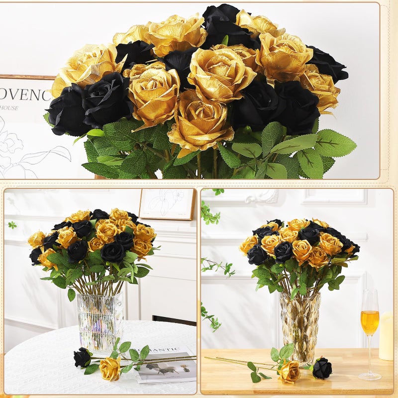 Ovveroche 72 Pcs Artificial Roses Gold, Black Fake Silk Roses Realistic Roses Faux Flower Indoor Wedding Home Decor, Birthday Decorations - Image 3