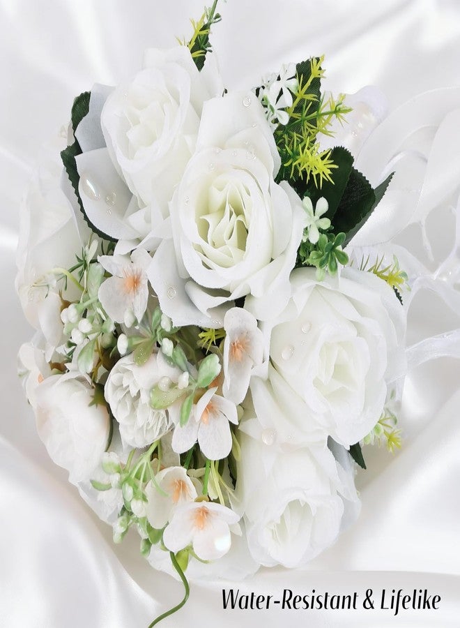 Qeedy Wedding Bouquet for Bride – 8 Inch Artificial Silk Roses, Realistic Bridal & Bridesmaid Bouquet for Ceremony, Church, Anniversary, and Home Décor (White) - Image 5