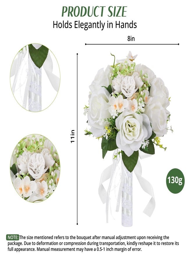 Qeedy Wedding Bouquet for Bride – 8 Inch Artificial Silk Roses, Realistic Bridal & Bridesmaid Bouquet for Ceremony, Church, Anniversary, and Home Décor (White) - Image 4