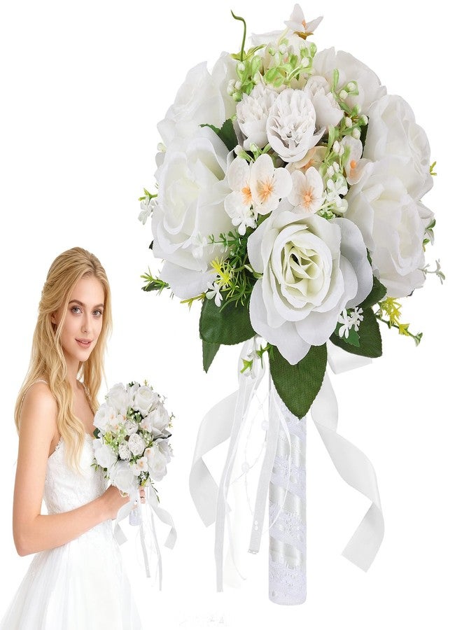 Qeedy Wedding Bouquet for Bride – 8 Inch Artificial Silk Roses, Realistic Bridal & Bridesmaid Bouquet for Ceremony, Church, Anniversary, and Home Décor (White) - Image 1