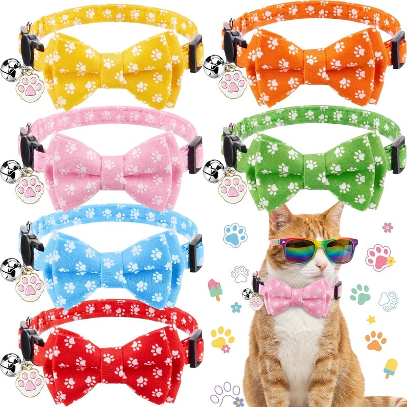 Hsei 6 Pcs Paw Print Cat Collar Bulk with Bow Tie Bell Colorful Kitten Adjustable Breakaway Bowtie Collar for Boy Girl Cats Small Dog Pet Holiday Party Favors Gifts - Image 1