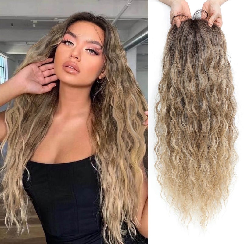 Molefi Hair Topper 26inch Curly Hair Topper with Bangs Synthetic Wiglets Hairpieces for Thinning Hair Ombre Light Brown to Blonde - Image 1