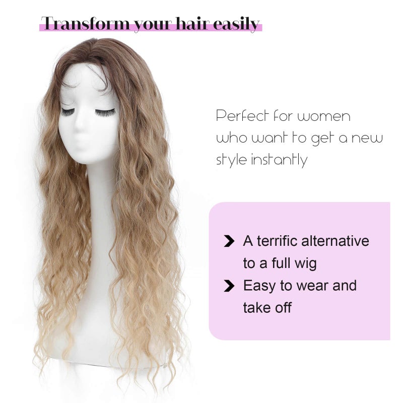 Molefi Hair Topper 26inch Curly Hair Topper with Bangs Synthetic Wiglets Hairpieces for Thinning Hair Ombre Light Brown to Blonde - Image 2