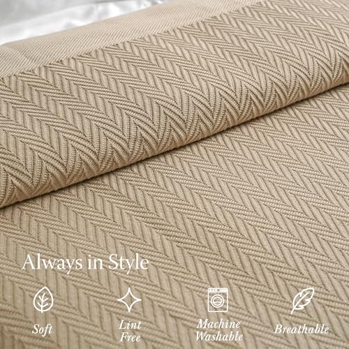 Threadmill Luxury Cotton Blankets for Queen Size Bed | All-Season 100% Cotton Queen Size Blanket | Herringbone Cozy, Soft Breathable Fall Thermal Blanket fits Full Size Bed, 90x92 | Beige - Image 4
