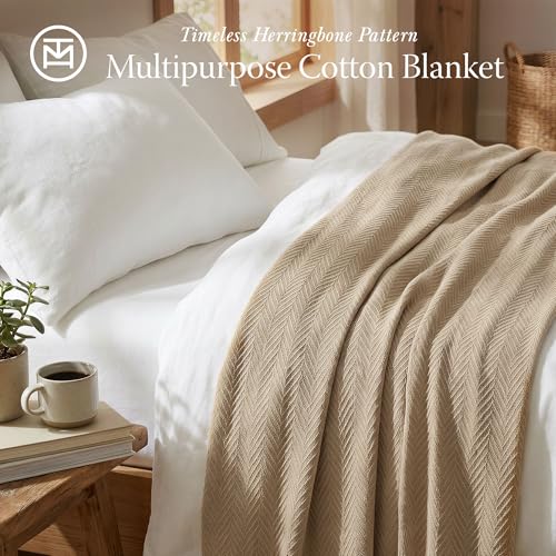 Threadmill Luxury Cotton Blankets for Queen Size Bed | All-Season 100% Cotton Queen Size Blanket | Herringbone Cozy, Soft Breathable Fall Thermal Blanket fits Full Size Bed, 90x92 | Beige - Image 2