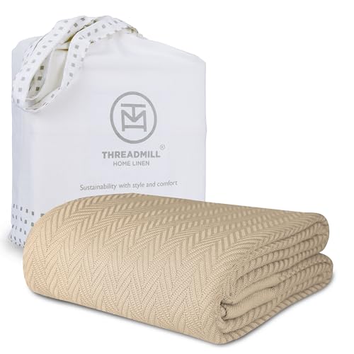 Threadmill Luxury Cotton Blankets for Queen Size Bed | All-Season 100% Cotton Queen Size Blanket | Herringbone Cozy, Soft Breathable Fall Thermal Blanket fits Full Size Bed, 90x92 | Beige - Image 1