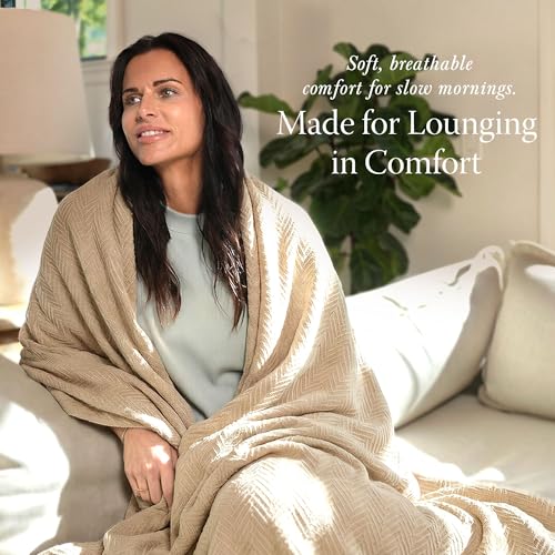 Threadmill Luxury Cotton Blankets for Queen Size Bed | All-Season 100% Cotton Queen Size Blanket | Herringbone Cozy, Soft Breathable Fall Thermal Blanket fits Full Size Bed, 90x92 | Beige - Image 3