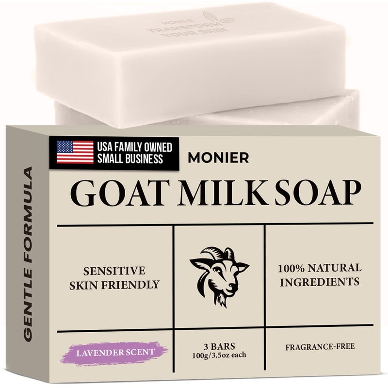 MONIER Goat Milk Soap Bar For Dry & Sensitive Skin - 100% Natural & Organic Skin Care - Enriched with Shea Butter - Use on Face, Body & Hands - For Men, Women, Kids & Baby (Lavender, 3 Pack) - Image 1