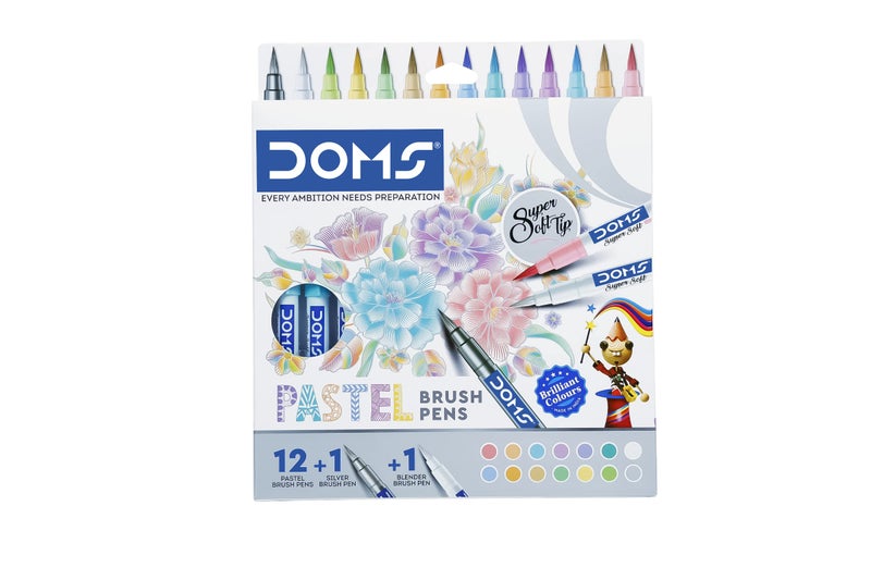 DOMS Super Soft Tip Pastel Shades Brush Pen Set | 12 Pastel Shades + 1 Silver Shade + 1 Blender | Ideal for Doodling, Illustrations, Calligraphy, Artists, Studenst & Professioanls | Pack of 2 - Image 1