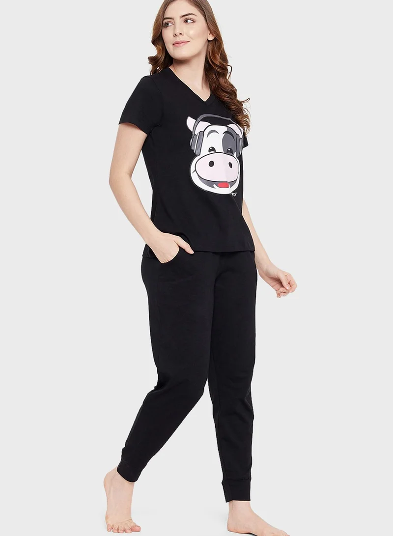 Clovia Cow Emoji Print Top & Solid Jogger Set - 100% Cotton