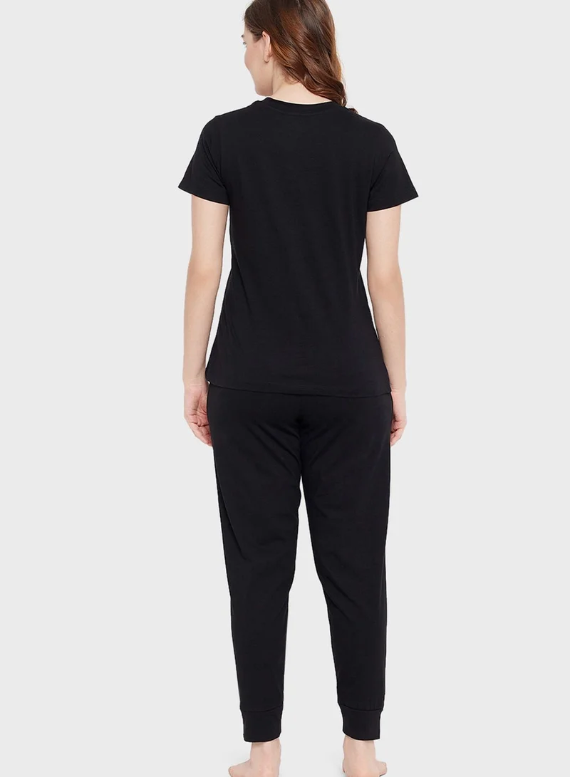 Clovia Cow Emoji Print Top & Solid Jogger Set - 100% Cotton