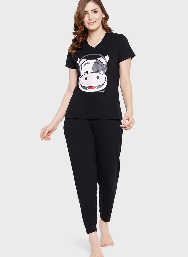 Clovia Cow Emoji Print Top & Solid Jogger Set - 100% Cotton