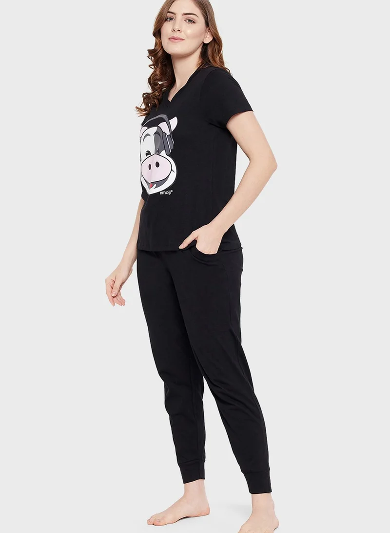 Clovia Cow Emoji Print Top & Solid Jogger Set - 100% Cotton
