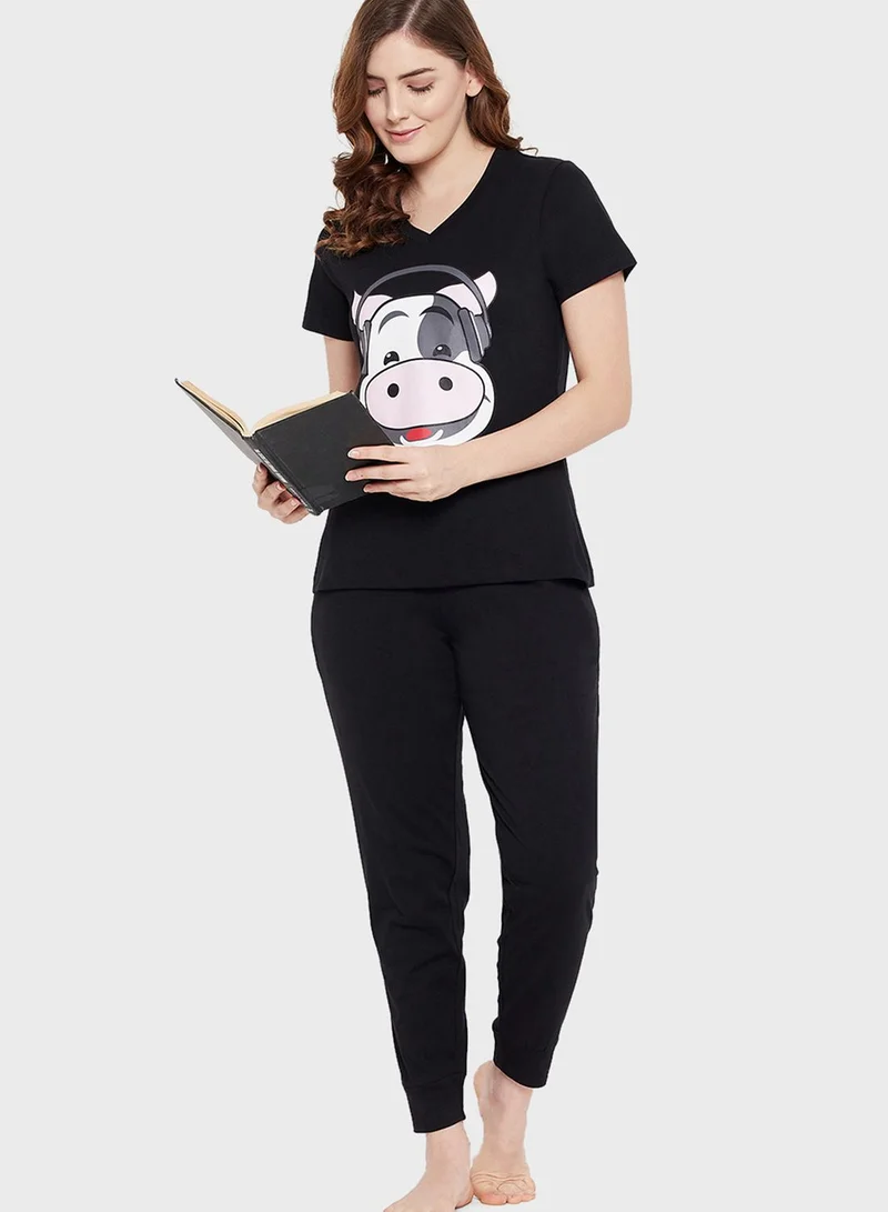 Clovia Cow Emoji Print Top & Solid Jogger Set - 100% Cotton