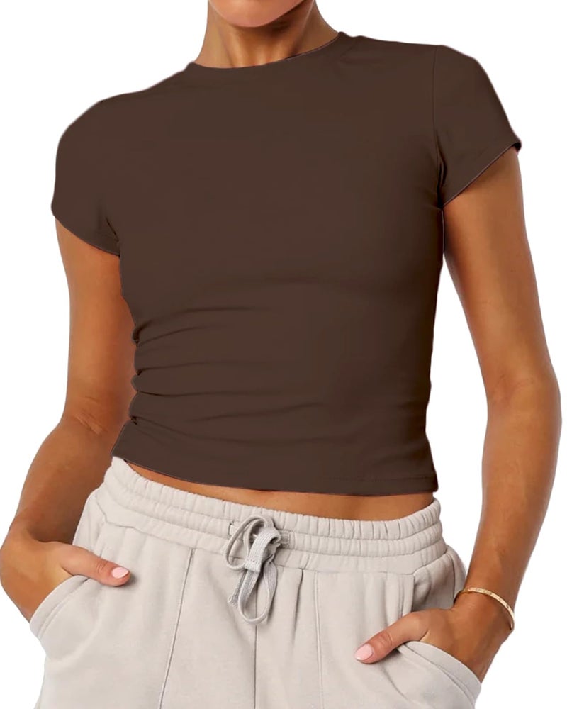 Mousnipy Women's Basic Summer Short Sleeve Crewneck T-Shirts Y2K Cute Going Out Tops Baby Tee(Brown,Medium) - Image 1