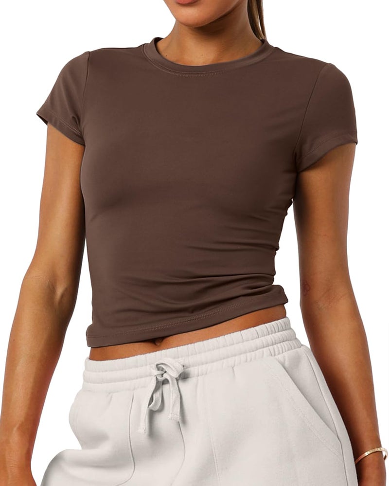 Mousnipy Women's Basic Summer Short Sleeve Crewneck T-Shirts Y2K Cute Going Out Tops Baby Tee(Brown,Medium) - Image 4