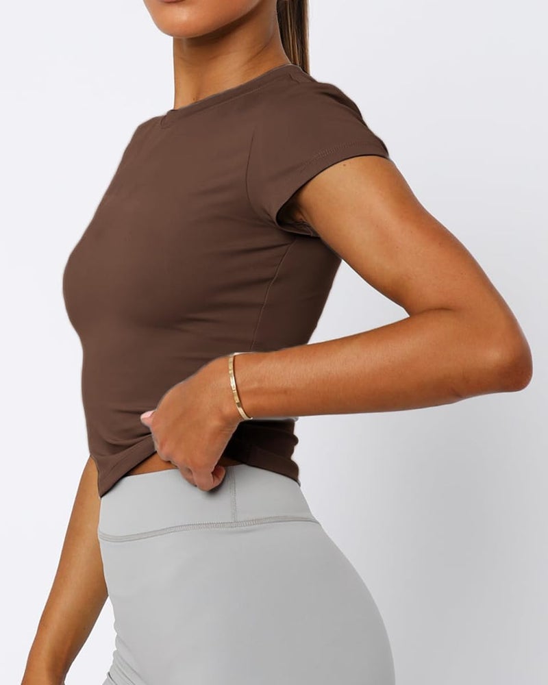 Mousnipy Women's Basic Summer Short Sleeve Crewneck T-Shirts Y2K Cute Going Out Tops Baby Tee(Brown,Medium) - Image 5