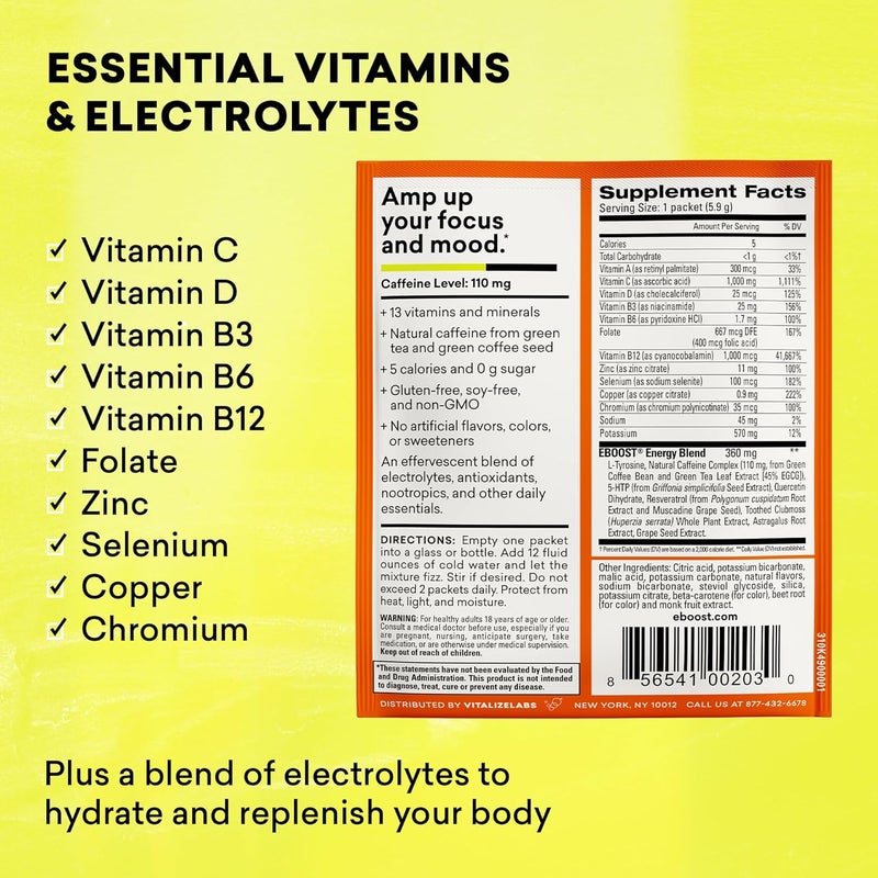 EBOOST Energy Drink  Electrolyte Powder 20 Packets  Super Powder Orange with No Added Sugar  Essential Blend of Vitamins Nootropics  Natural Caffeine and Hydration  Pre  Post Workout - Image 3