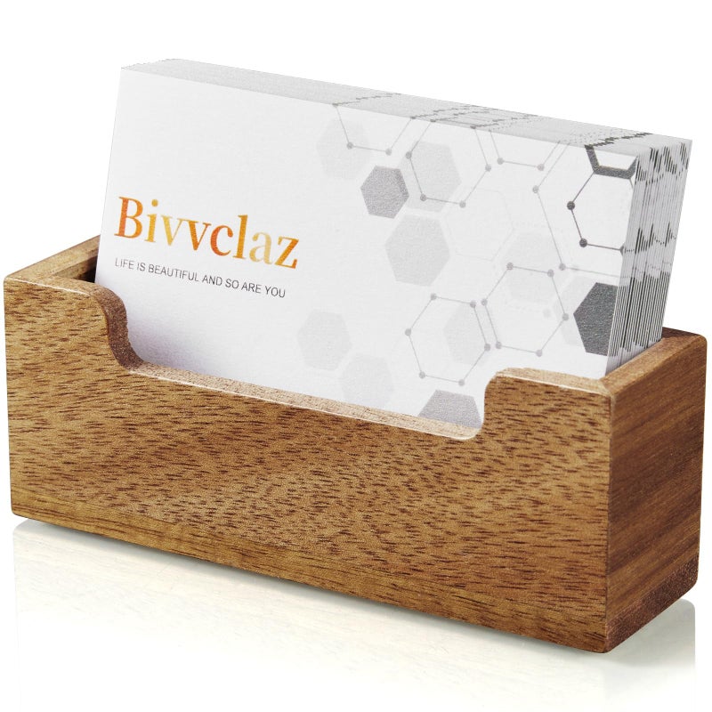 Bivvclaz Business Card Holder Desk Acacia Wood Business Card Organizer Desktop Business Card Display Stand for Office Tabletop Exhibition Small Business Essentials - Image 2
