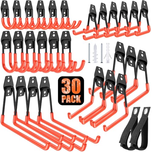 MIKRUI 30 Pack Heavy Duty Garage Hooks,Solid Steel Wall Mount Hangers,with Anti-Slip Coating,for Hanging and Organising Ladder,Bike,Ropes,Broom,Garden,Yard and Power Tools - Image 1