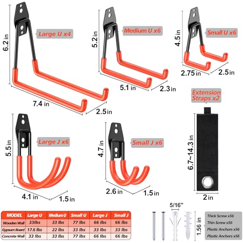 MIKRUI 30 Pack Heavy Duty Garage Hooks,Solid Steel Wall Mount Hangers,with Anti-Slip Coating,for Hanging and Organising Ladder,Bike,Ropes,Broom,Garden,Yard and Power Tools - Image 2