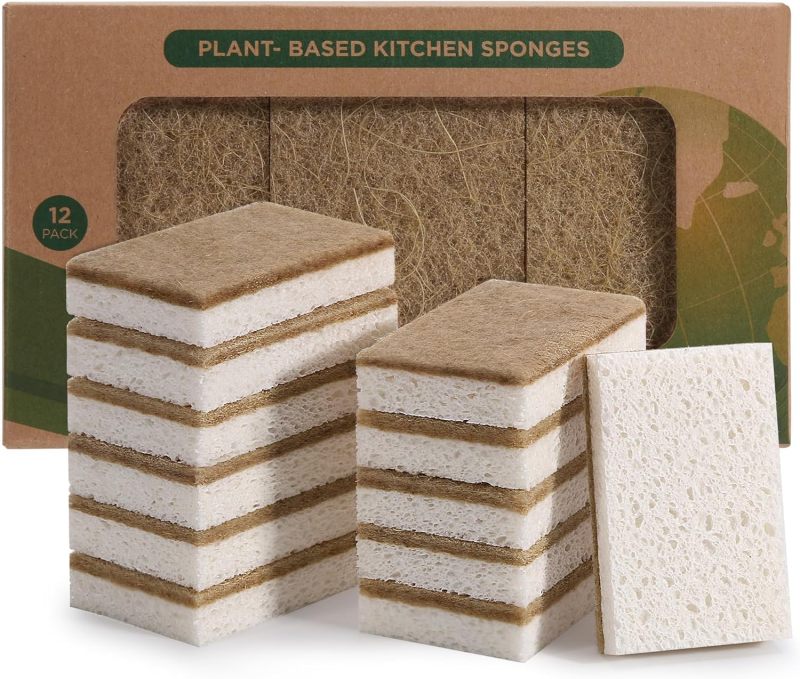 Sponges for Dishes 12 Pack - Keep Soap Biodegradable Kitchen Sponge Compostable Coconut Scrubber - Eco Friendly Cleaning Sponges - Image 1