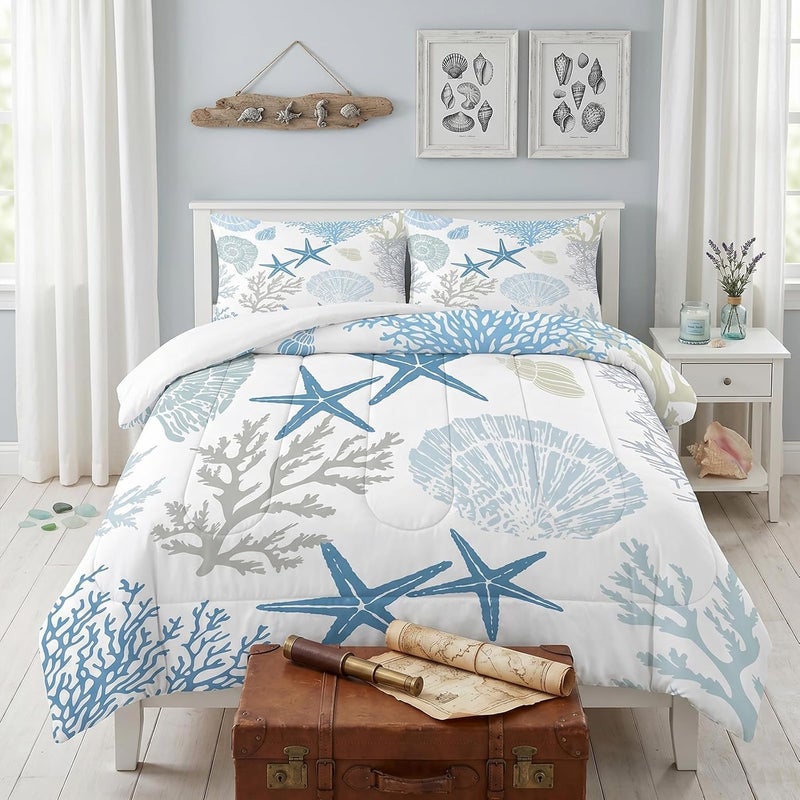 FUYEUN Coastal Theme Comforter Set for Kids Teens Men Women, King Size Nautical Bedding Sets Shell Starfish Coral Cute Quilt Bedroom Decor 1 Comforter 2 Pillowcases - Image 2