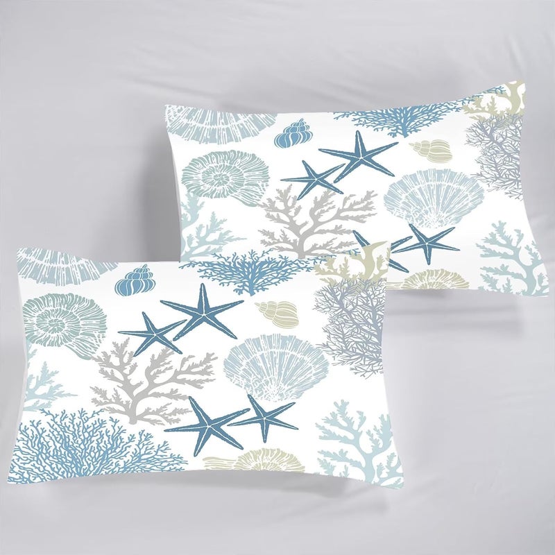 FUYEUN Coastal Theme Comforter Set for Kids Teens Men Women, King Size Nautical Bedding Sets Shell Starfish Coral Cute Quilt Bedroom Decor 1 Comforter 2 Pillowcases - Image 4