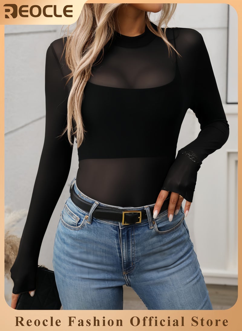 REOCLE Womens Lace Long Sleeve Tops Embroidery Sheer Blouse See Through Shirt Mesh Top  - Image 1