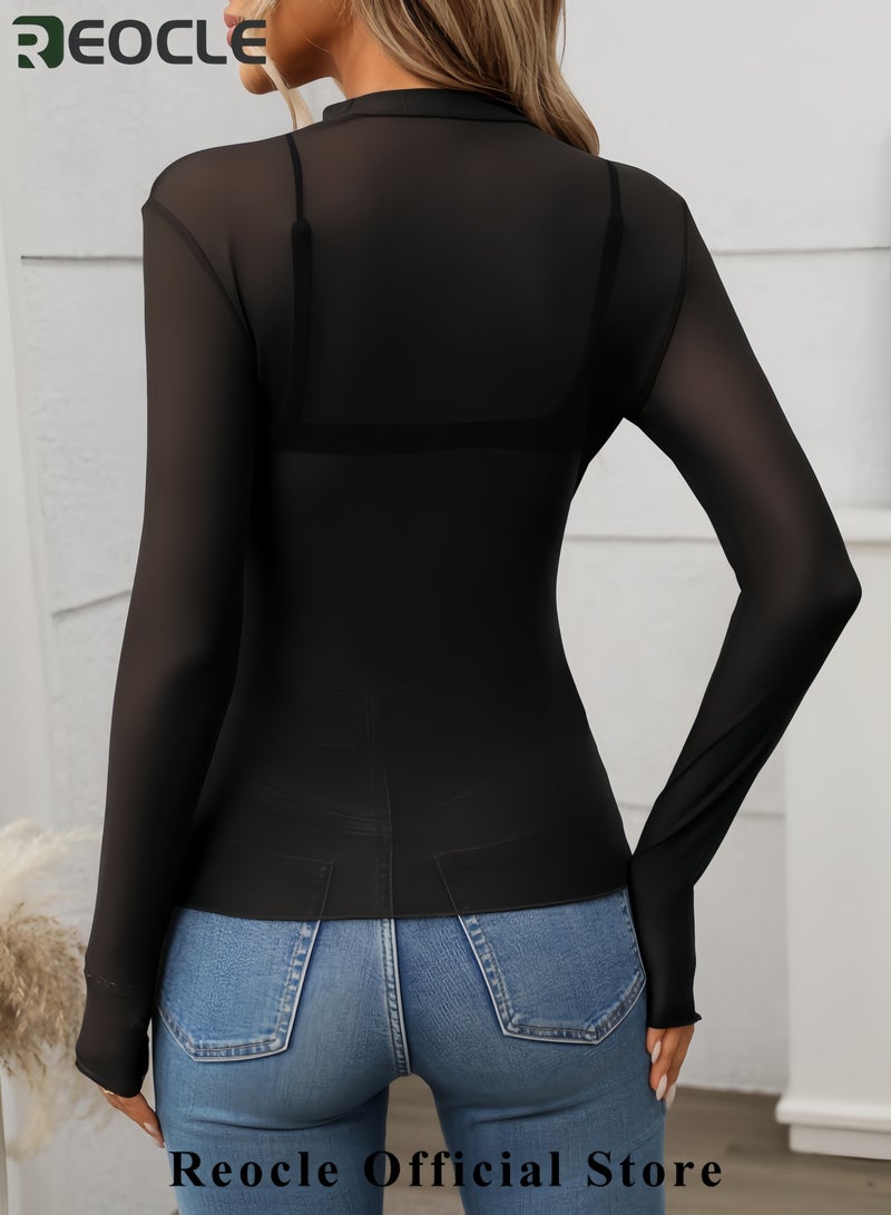 REOCLE Womens Lace Long Sleeve Tops Embroidery Sheer Blouse See Through Shirt Mesh Top  - Image 5
